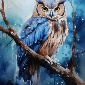 Owl Drawing sitting on a branch of blue paint watercolor, generative IA
