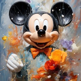 Impressive Charm Mickey Mouse in a magical scenario of brush tas and bright col, generative IA
