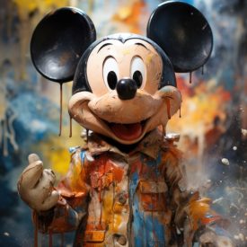 Impressive Charm Mickey Mouse in a magical scenario of brush tas and bright col, generative IA