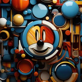 Abstract Tessitura Mickey Mouse revisited with geometric shapes and bold colors, generative IA