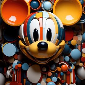 Abstract Tessitura Mickey Mouse revisited with geometric shapes and bold colors, generative IA