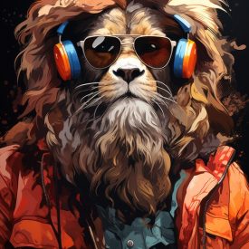 Cool party lion in headphones in white background, generative IA