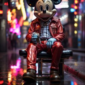 Nostalgic Neon Mickey Mouse's futuristic duality between the elegant neon and vi, generative IA