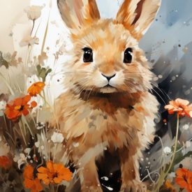 Small Rabbit is sitting on the field between wild flowers and grass watercolor i, generative IA