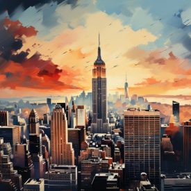 Painting Empire State a vibrant fusion of color and abstraction in sunset, generative IA