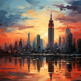 Painting Empire State a vibrant fusion of color and abstraction in sunset, generative IA