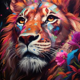 Impressionist lion vibrant brushstrokes and energy in an expressive tattoo., generative IA