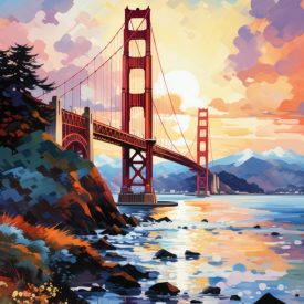 Bridge Golden Gate an explosion of colors and joy in a vibrant manual painting, generative IA