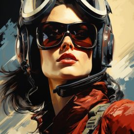 Vintage Poster, Beautiful Red and Blue Pilot Woman, generative IA