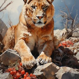 A painting of a lioness on a rock, generative IA