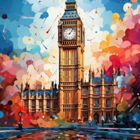 Tones of Time Minimalism and Vivid Colors in Big Ben's manual painting in an abs, generative IA