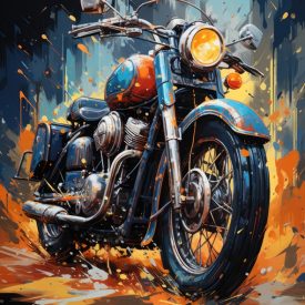 An illustration generated by the vintage motorcycle AI surrounded by colorful sp, generative IA