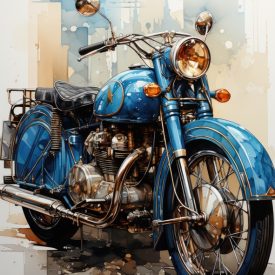 Aquarella drawing of a motorcycle in blue and gold inks on paper, generative IA