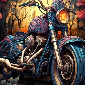 A colorful illustration of a motorcycle with a pilot wearing a helmet., generative IA