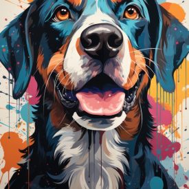A dog with a colorful face and the words Happy dog ??on it, generative IA