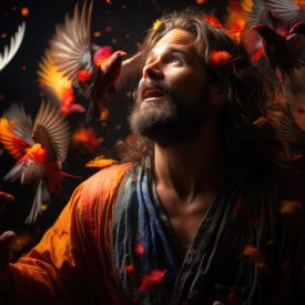 A colorful image of Jesus with birds in the chest, generative IA