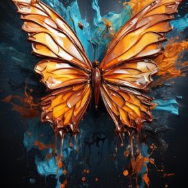 A colorful butterfly is portrayed in the form of paint splashes 3D illustration, generative IA