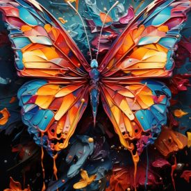 A colorful butterfly is portrayed in the form of paint splashes 3D illustration, generative IA