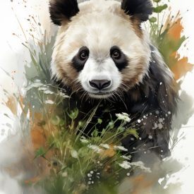 Panda bear eating bamboo. Black and white ink design, generative IA